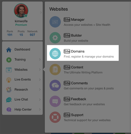 Wealthy Affiliate Site Domains Menu