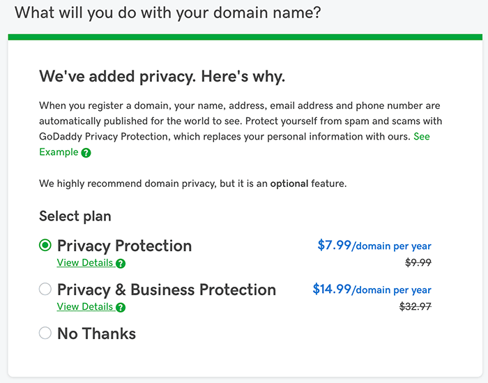 Private Domain Name Registration Add on from GoDaddy