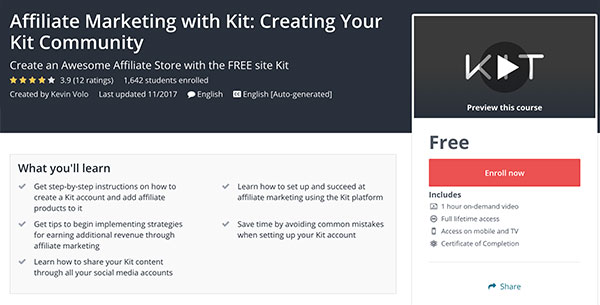 Affiliate Marketing with Kit Free Course on Udemy