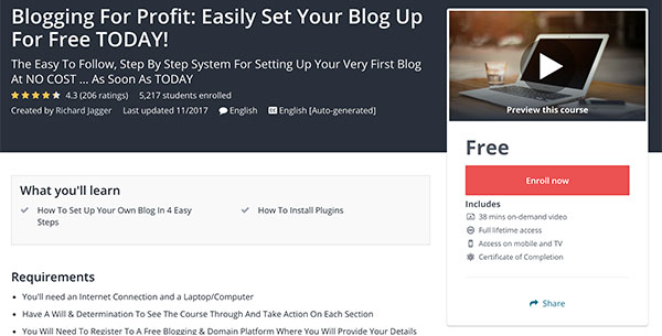 Blogging For Profit Free Affiliate Marketing Course on Udemy