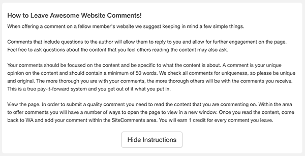 Instructions on how to give a good quality comment on Site Comments