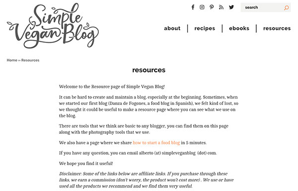 a resources page with affiliate products links example on simpleveganblog.com