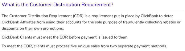 clickbank affiliate program customer distribution requirement (CDR)