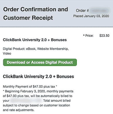 ClickBank University 2.0 Training Purchase Receipt