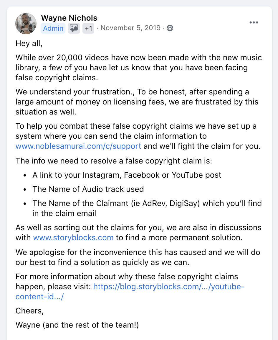 How to Remove False Copyright Claims with Vidnami instructions on Facebook Post