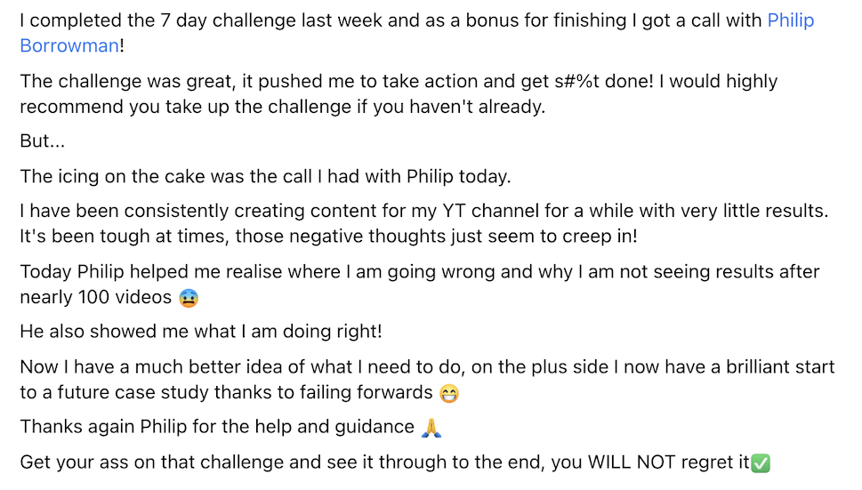 STB 7 Day Challenge Testimonial Pushed to Action Screenshot